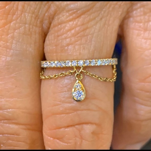 14K Yellow Gold Diamond Band and Chain Dangle Ring - Picture 7 of 7